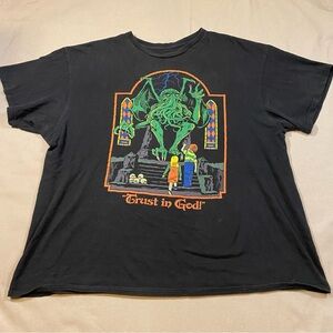 Distressed Black Chithulu T-Shirt with Green Monster cathedral skull Halloween
